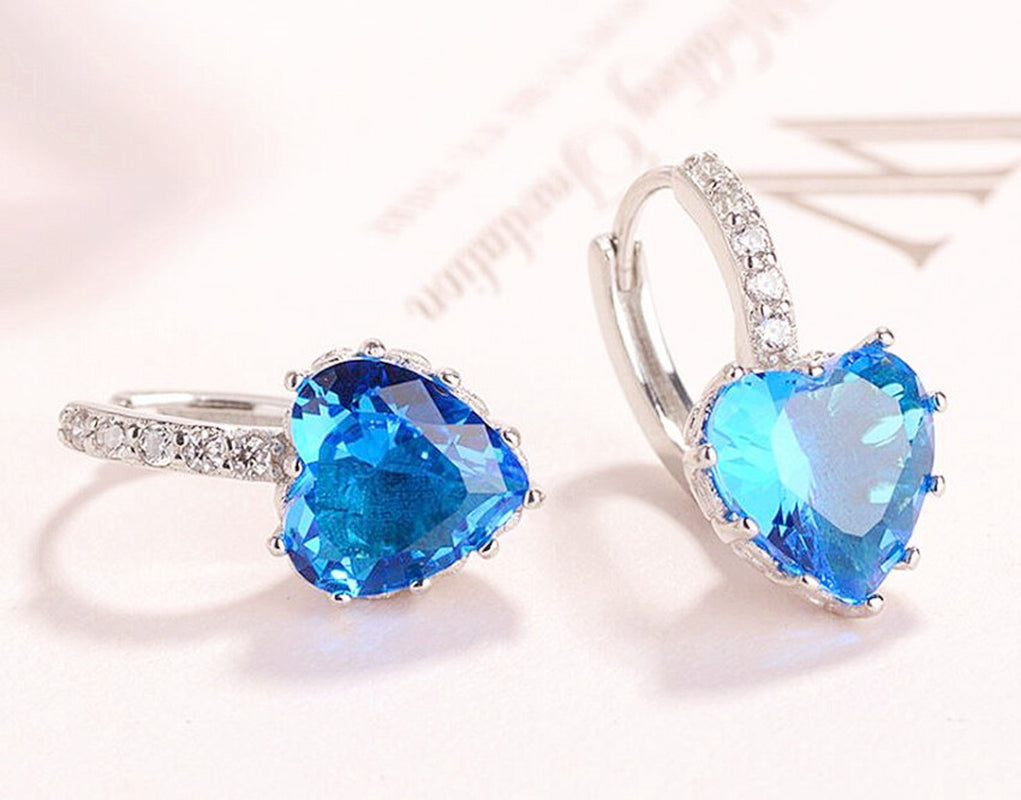 Heart Charm Stone Stud Earrings 925 Sterling Silver Womens Girls Jewellery Gift