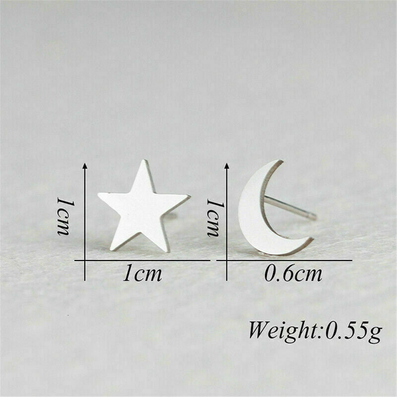 Hypoallergenic Stainless Surgical Steel Silver Star Moon Shape Ear Stud Earrings