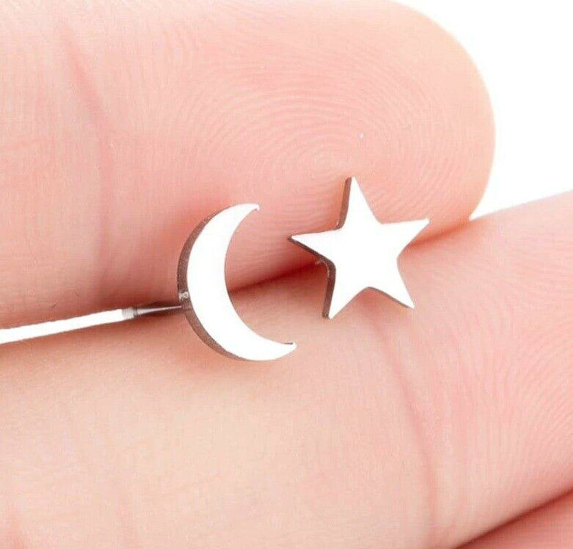 Hypoallergenic Stainless Surgical Steel Silver Star Moon Shape Ear Stud Earrings