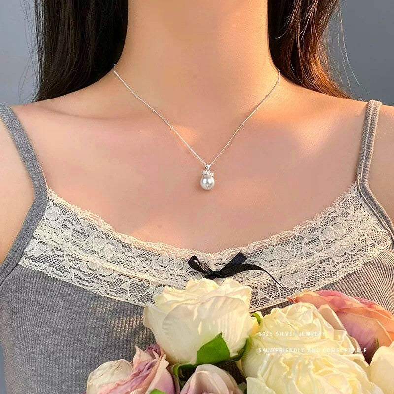 Crystal Cross Pearl 925 Sterling Silver Chain Necklace Women Girl Jewellery Gift