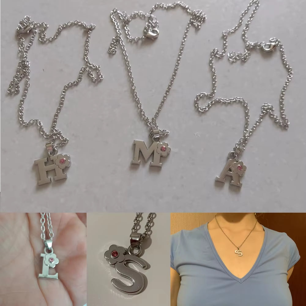 Initials Flower Letter Name Necklace for Girls Children'S Alloy Crystal Flower A-Z Alphabet Pendant Chain Kids Jewelry