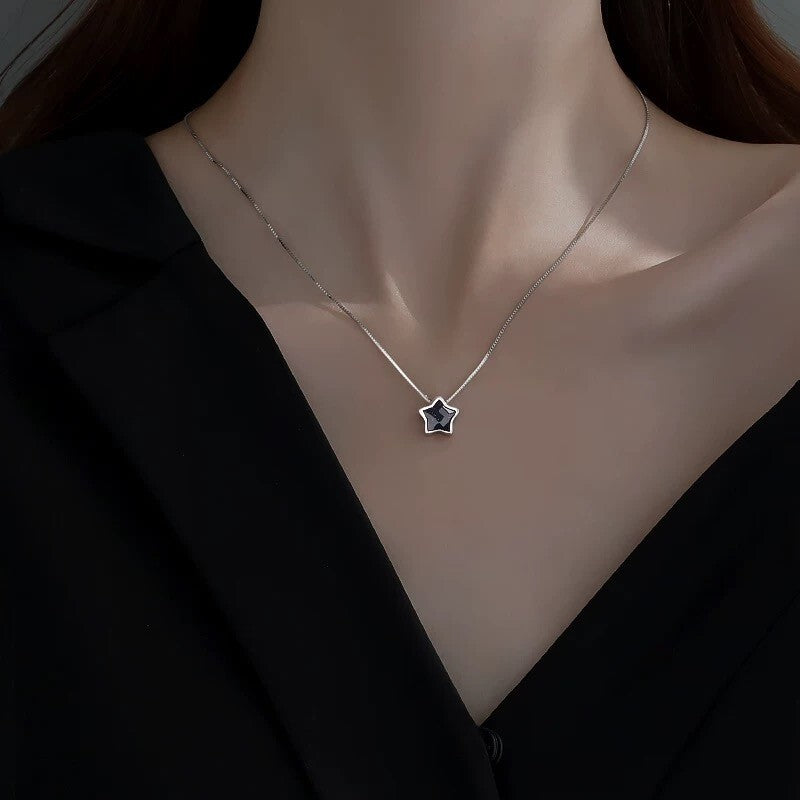 Black Shiny Crystal Star Pendant 925 Sterling Silver Chain Women Jewellery Gifts