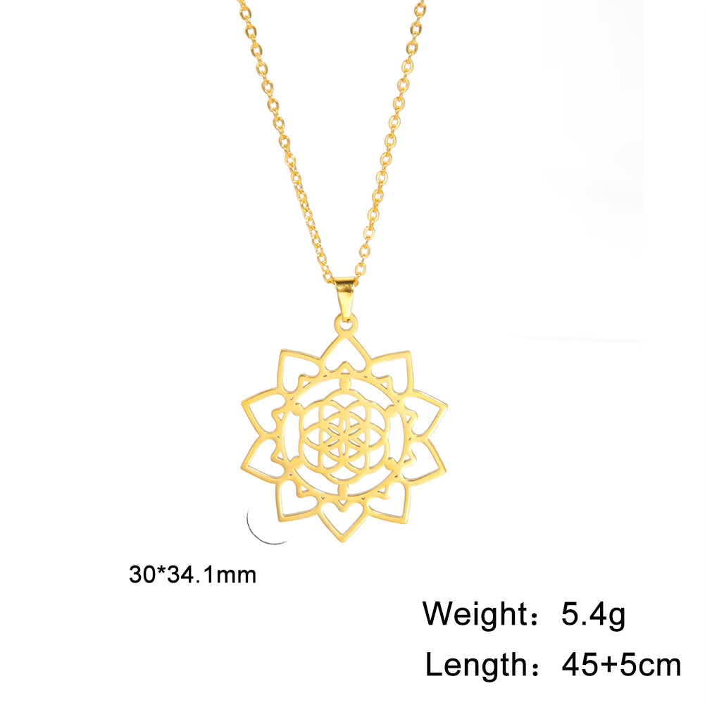 Chakra Flower of Life Necklaces for Women Amulet Stainless Steel Neck Chain Sacred Geometry Flower Mandala Jewelry Gift
