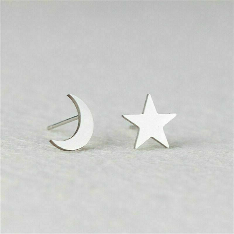 Hypoallergenic Stainless Surgical Steel Silver Star Moon Shape Ear Stud Earrings