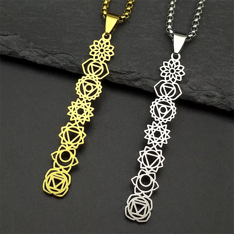 Yoga 7 Chakra Birth Flower Pendant Necklace for Women Girls Stainless Steel Gold Color Reiki Healing Amulet Jewelry Gift