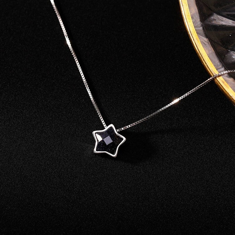 Black Shiny Crystal Star Pendant 925 Sterling Silver Chain Women Jewellery Gifts