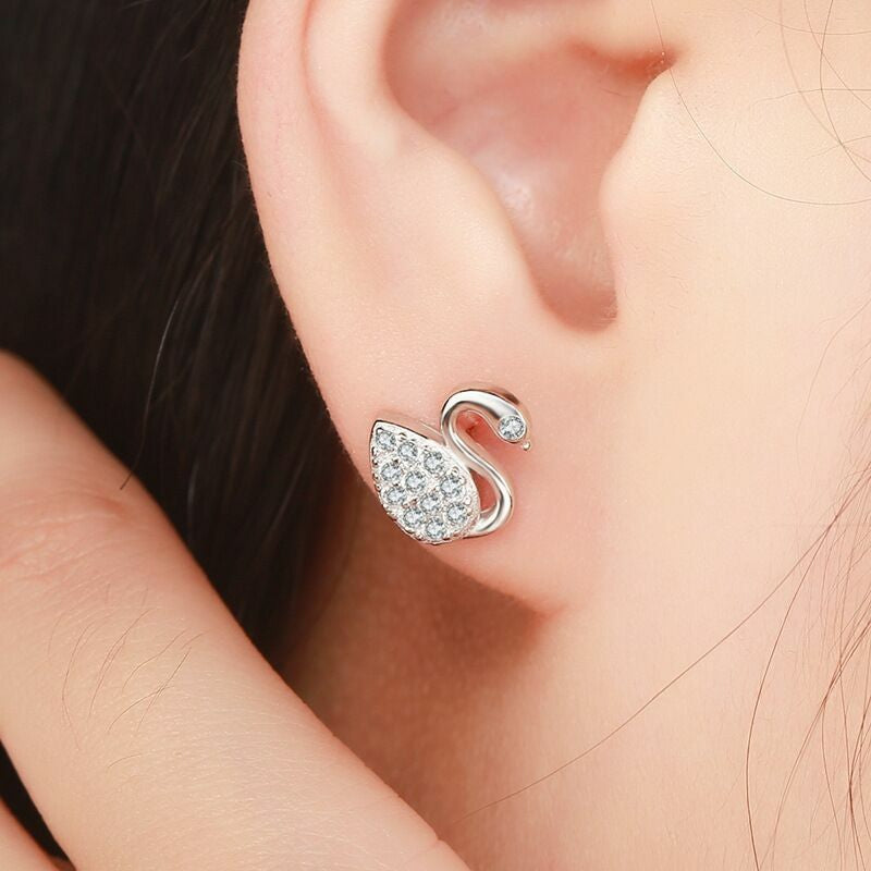Crystal Swan Womens Girls 925 Sterling Silver Stud Earrings Jewellery Gift UK