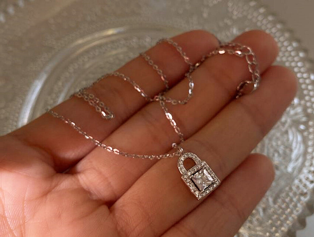 Crystal Lock Pendant 925 Sterling Silver Chain Necklace Womens Jewellery Gift UK