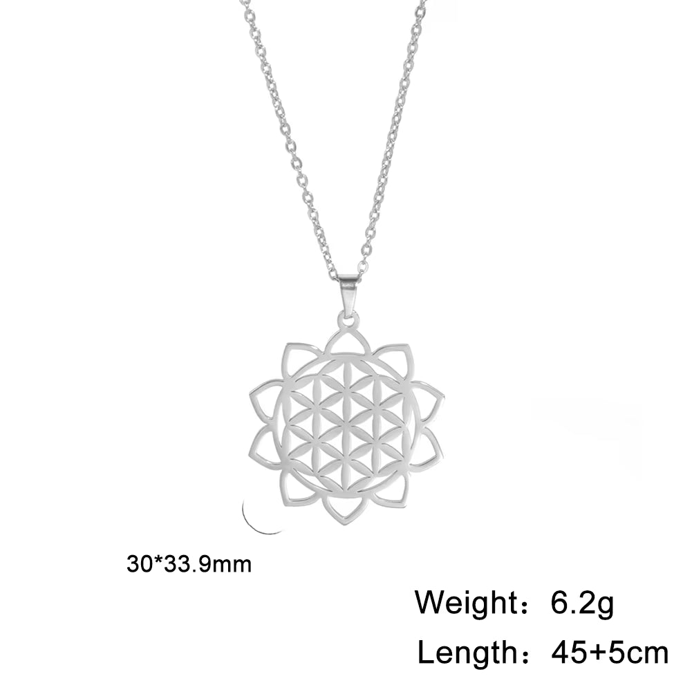 Chakra Flower of Life Necklaces for Women Amulet Stainless Steel Neck Chain Sacred Geometry Flower Mandala Jewelry Gift