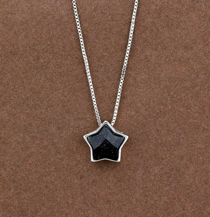 Black Shiny Crystal Star Pendant 925 Sterling Silver Chain Women Jewellery Gifts