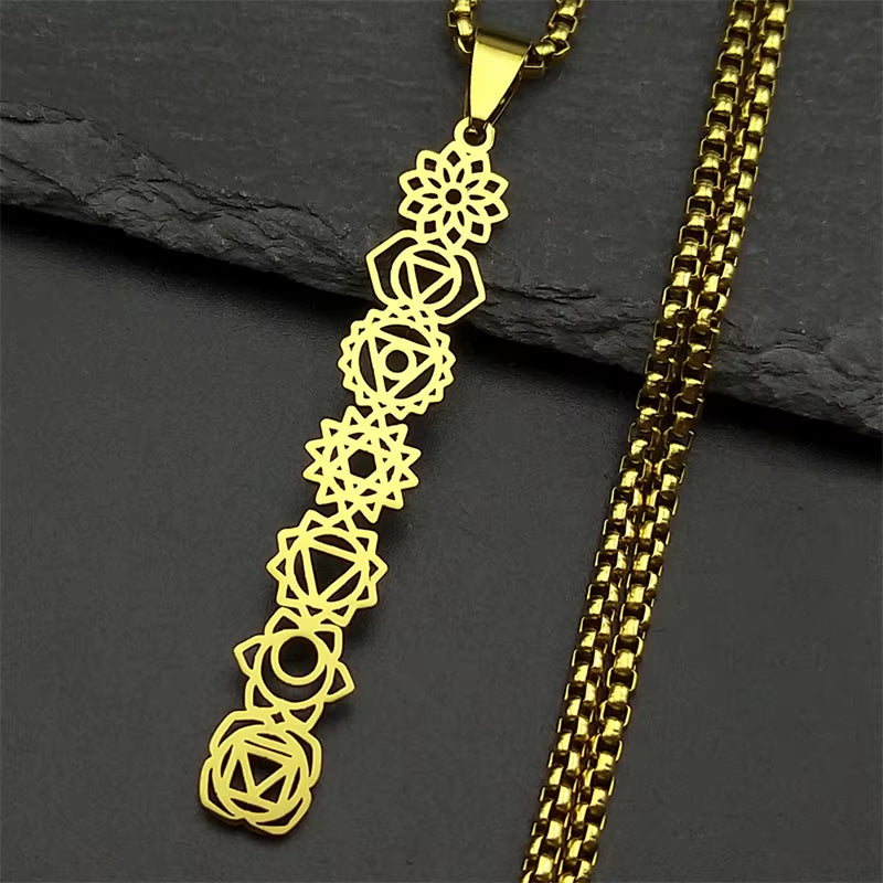 Yoga 7 Chakra Birth Flower Pendant Necklace for Women Girls Stainless Steel Gold Color Reiki Healing Amulet Jewelry Gift
