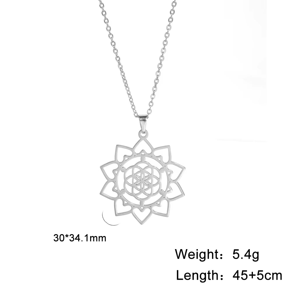 Chakra Flower of Life Necklaces for Women Amulet Stainless Steel Neck Chain Sacred Geometry Flower Mandala Jewelry Gift