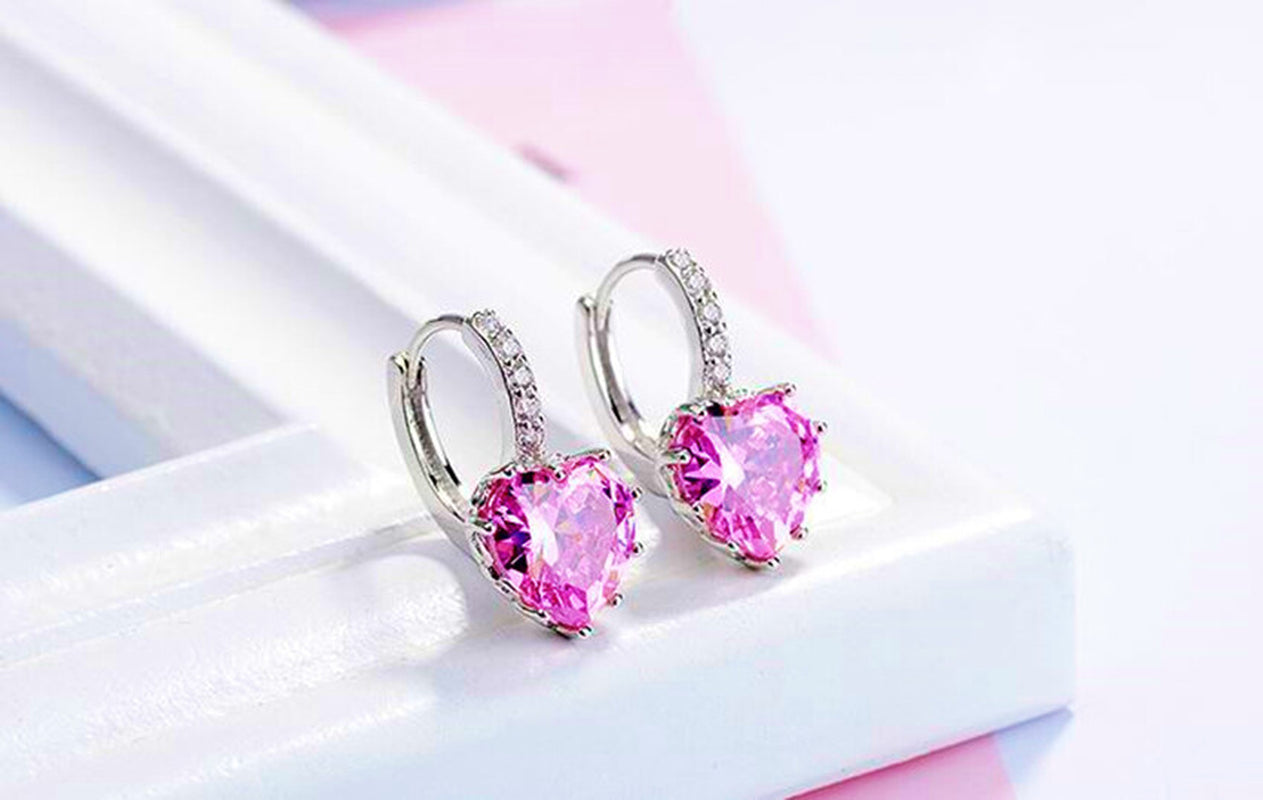 Heart Charm Stone Stud Earrings 925 Sterling Silver Womens Girls Jewellery Gift