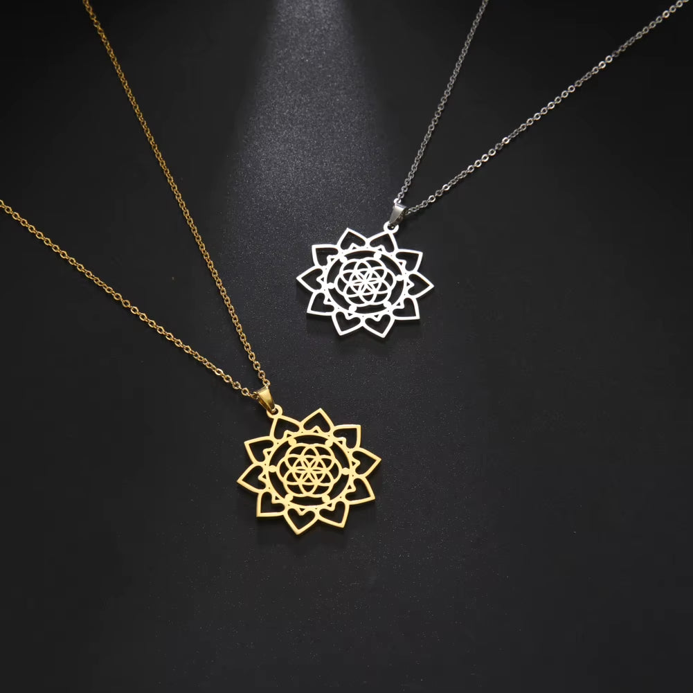 Chakra Flower of Life Necklaces for Women Amulet Stainless Steel Neck Chain Sacred Geometry Flower Mandala Jewelry Gift