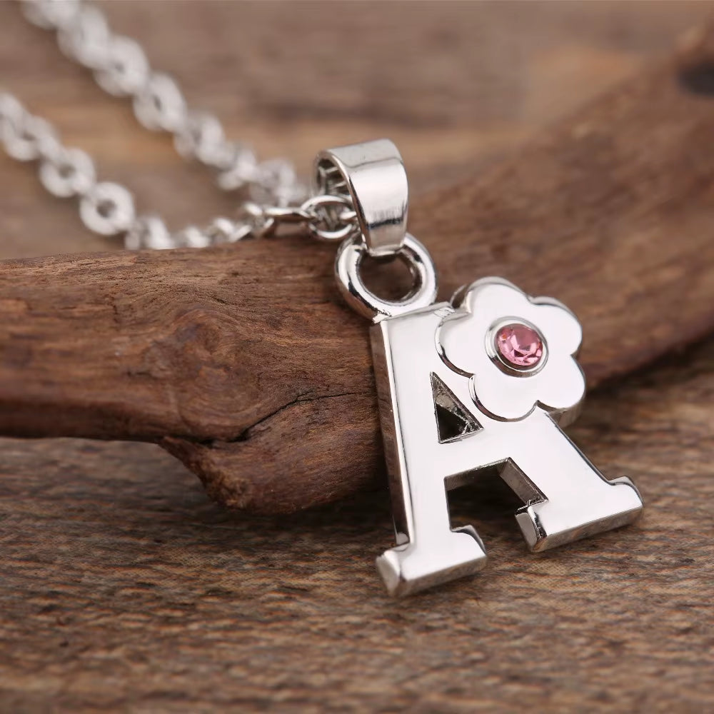 Initials Flower Letter Name Necklace for Girls Children'S Alloy Crystal Flower A-Z Alphabet Pendant Chain Kids Jewelry