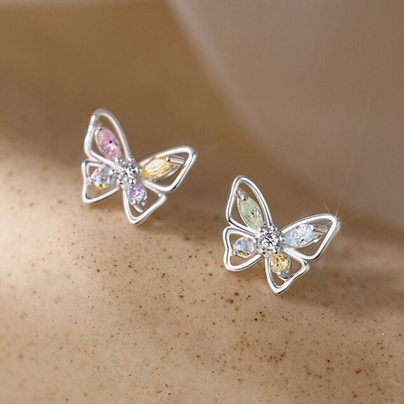 925 Sterling Silver Crystal Colourful Butterfly Stud Earrings Womens Jewellery