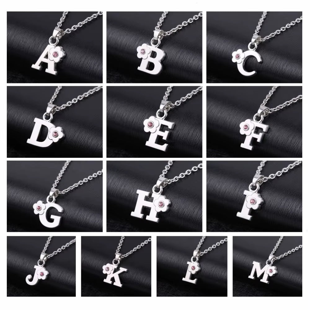 Initials Flower Letter Name Necklace for Girls Children'S Alloy Crystal Flower A-Z Alphabet Pendant Chain Kids Jewelry