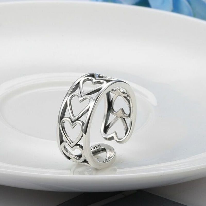 Vintage Love Heart Linked Adjustable Ring Silver Plated Women Girls Jewellery UK