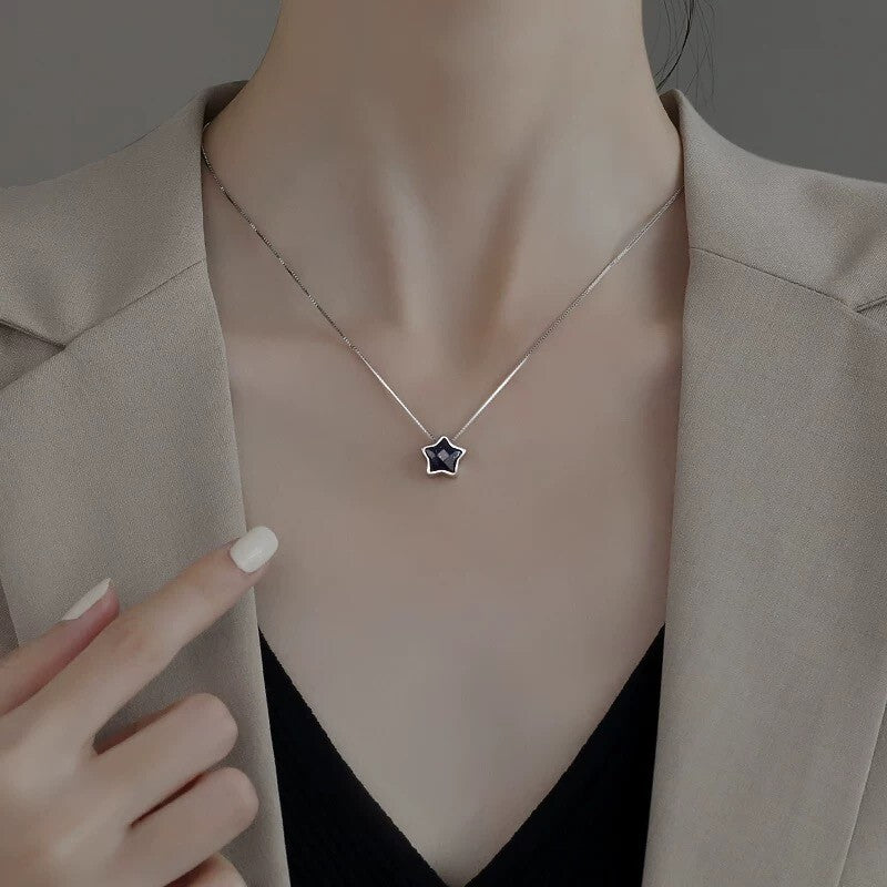Black Shiny Crystal Star Pendant 925 Sterling Silver Chain Women Jewellery Gifts
