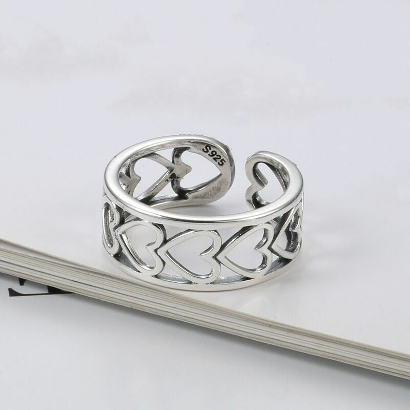 Vintage Love Heart Linked Adjustable Ring Silver Plated Women Girls Jewellery UK