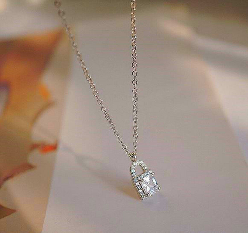 Crystal Lock Pendant 925 Sterling Silver Chain Necklace Womens Jewellery Gift UK