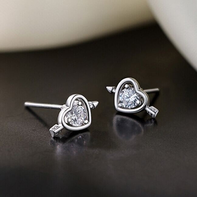 925 Sterling Silver Crystal Love Heart Stud Earrings Women Girls Jewellery Gift