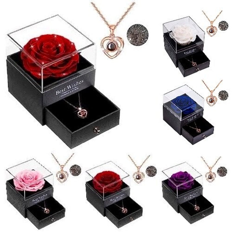 Preserved Rose Flower and "I Love You" Heart Necklace Gift Box - Gifts for Her
