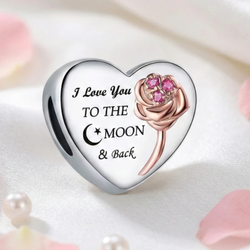 "To the Moon & Back" Rose Heart Charm in 925 Sterling Silver - Loyalty & Love
