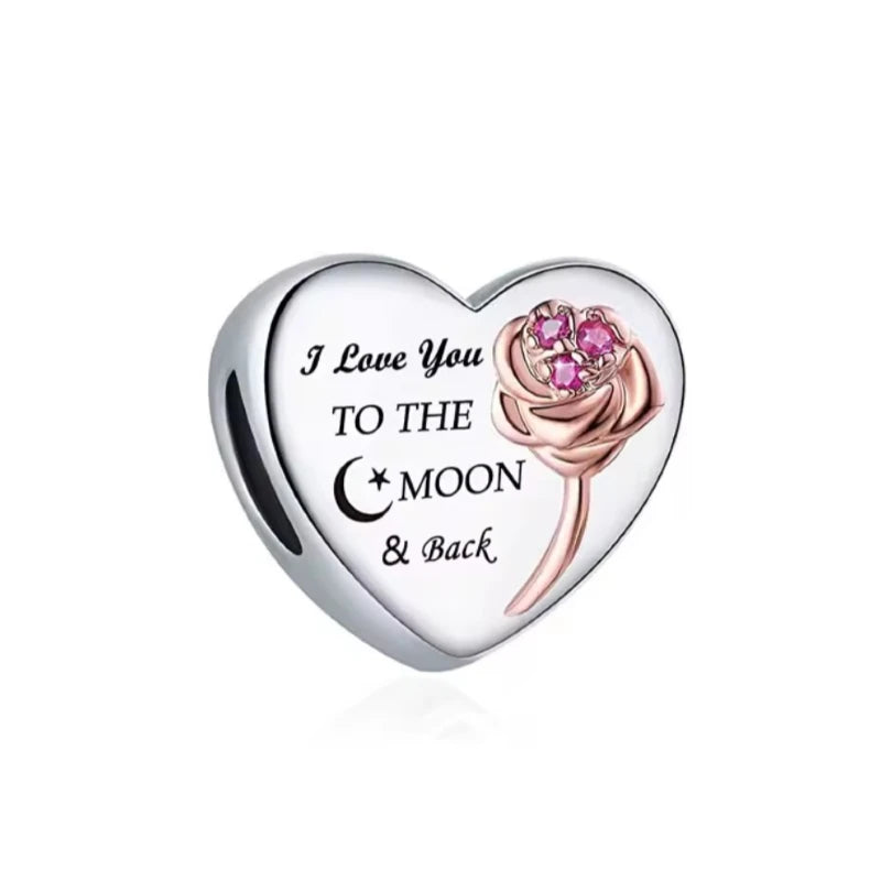 "To the Moon & Back" Rose Heart Charm in 925 Sterling Silver - Loyalty & Love