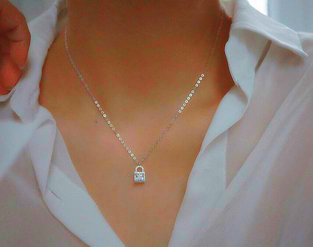 Crystal Lock Pendant 925 Sterling Silver Chain Necklace Womens Jewellery Gift UK