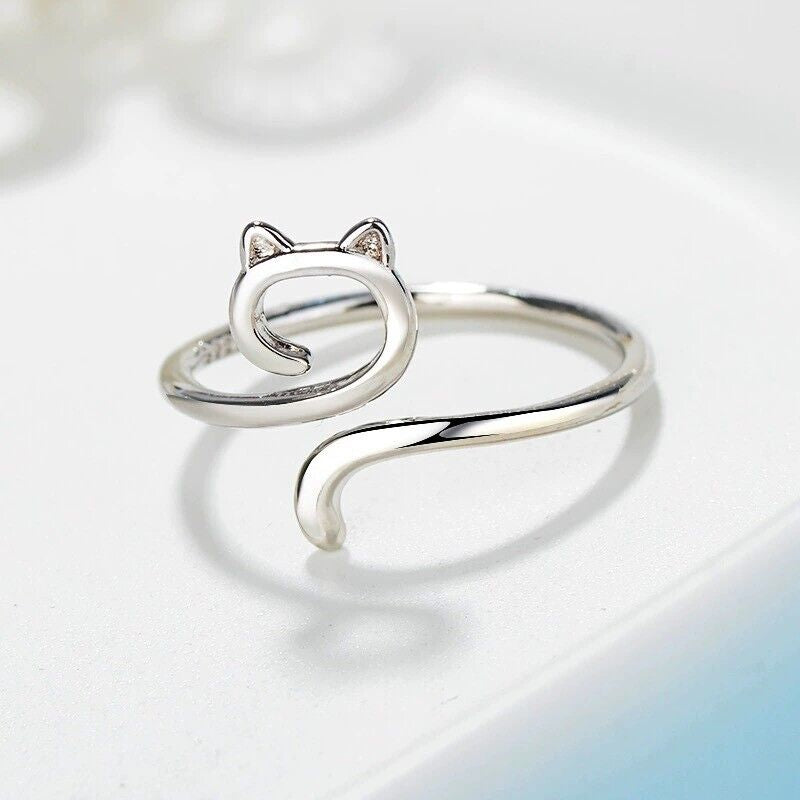 Hollow Cat Adjustable Ring 925 Sterling Silver Women Girl Jewellery Gift New UK