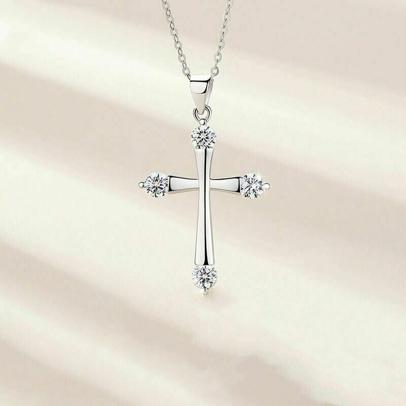 Crystal Cross Pendant Chain Necklace 925 Sterling Silver Jewellery Gift UK