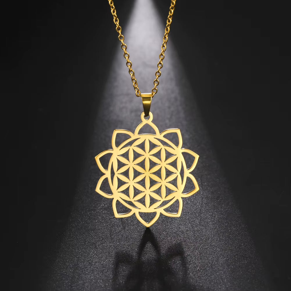 Chakra Flower of Life Necklaces for Women Amulet Stainless Steel Neck Chain Sacred Geometry Flower Mandala Jewelry Gift