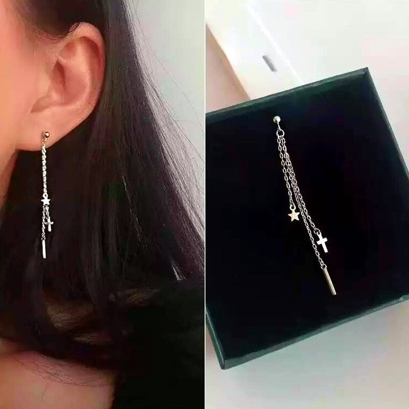 Cross Star Tassel Drop Earrings 925 Sterling Silver Womens Girls Jewellery Gift