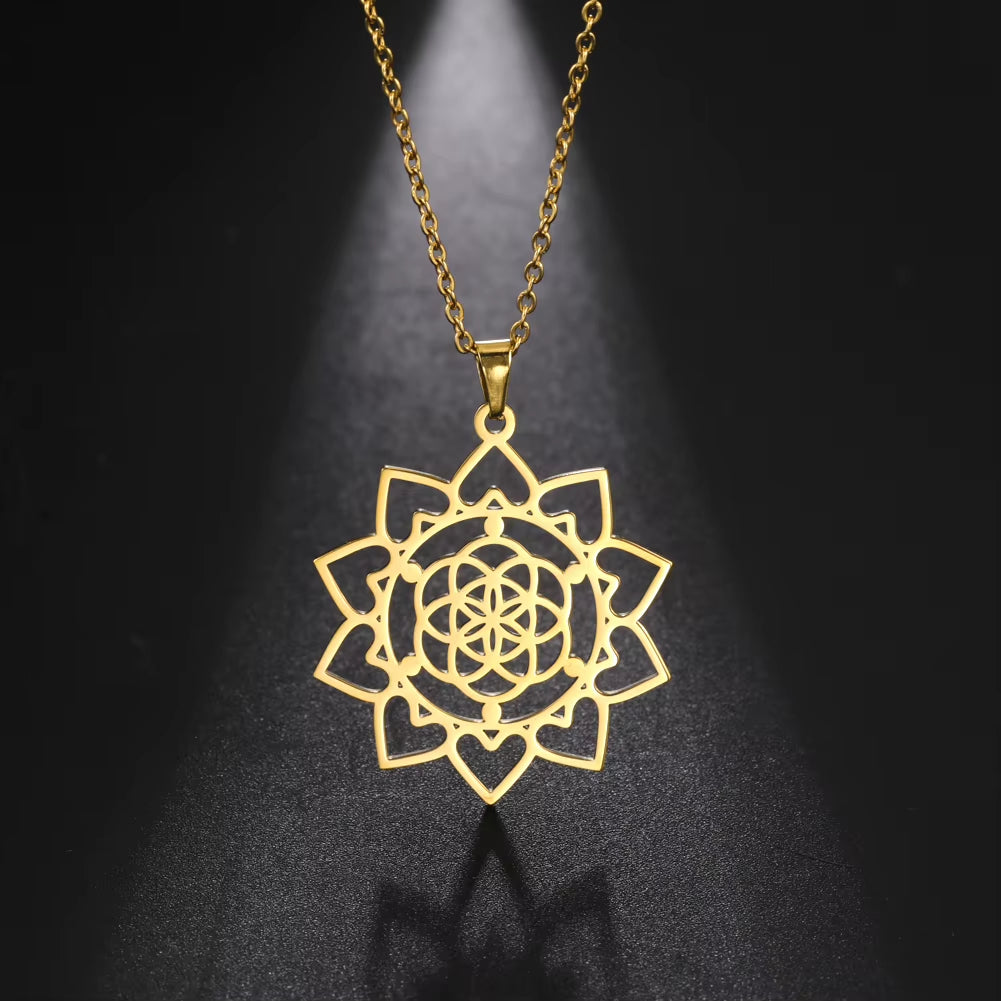 Chakra Flower of Life Necklaces for Women Amulet Stainless Steel Neck Chain Sacred Geometry Flower Mandala Jewelry Gift