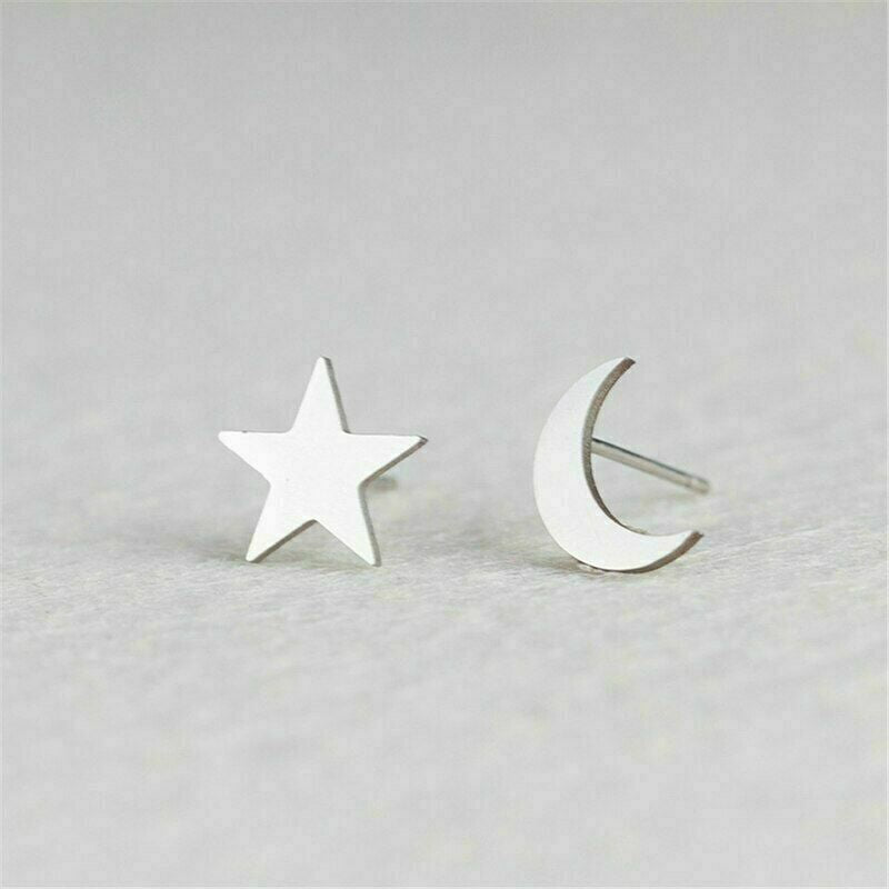 Hypoallergenic Stainless Surgical Steel Silver Star Moon Shape Ear Stud Earrings