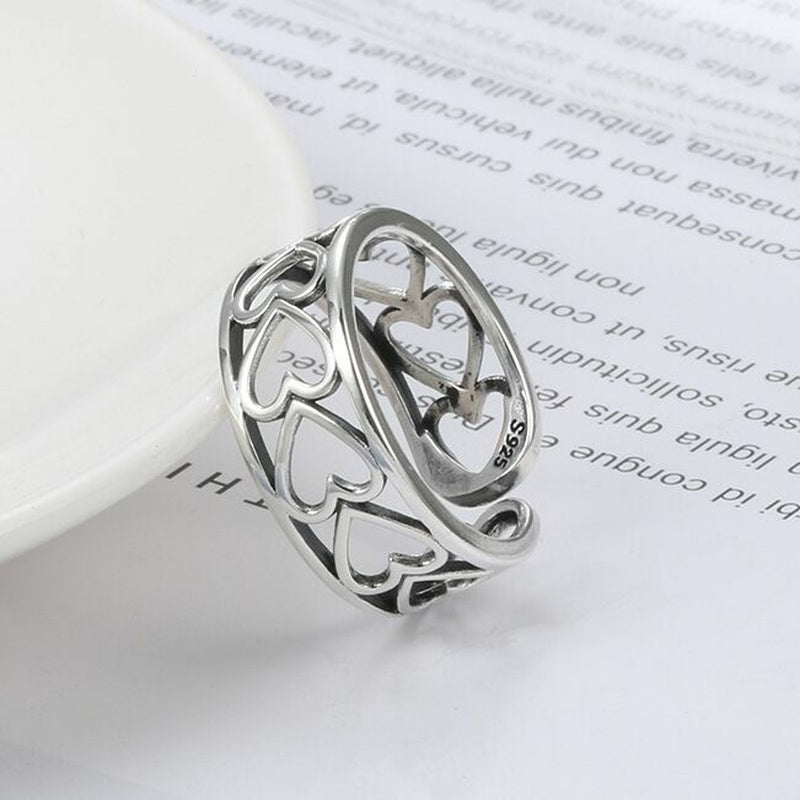 Vintage Love Heart Linked Adjustable Ring Silver Plated Women Girls Jewellery UK