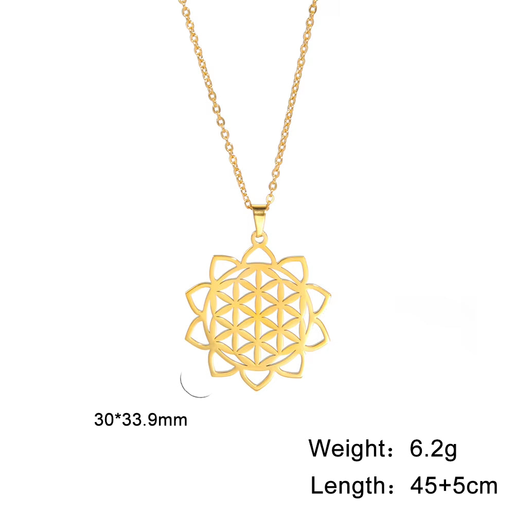 Chakra Flower of Life Necklaces for Women Amulet Stainless Steel Neck Chain Sacred Geometry Flower Mandala Jewelry Gift
