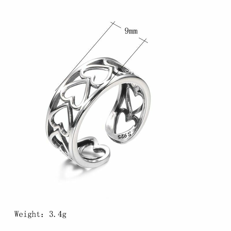 Vintage Love Heart Linked Adjustable Ring Silver Plated Women Girls Jewellery UK