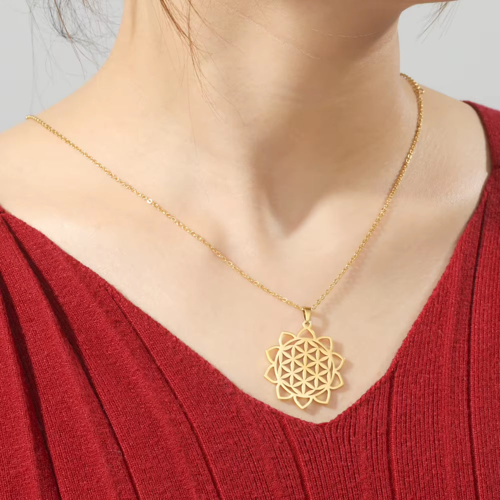 Chakra Flower of Life Necklaces for Women Amulet Stainless Steel Neck Chain Sacred Geometry Flower Mandala Jewelry Gift