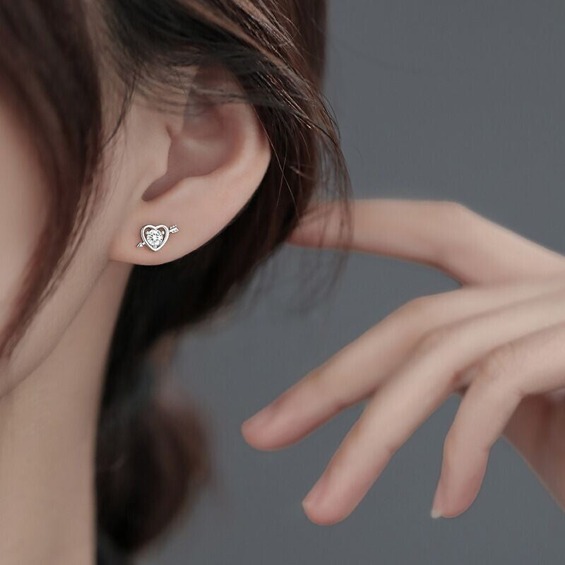 925 Sterling Silver Crystal Love Heart Stud Earrings Women Girls Jewellery Gift