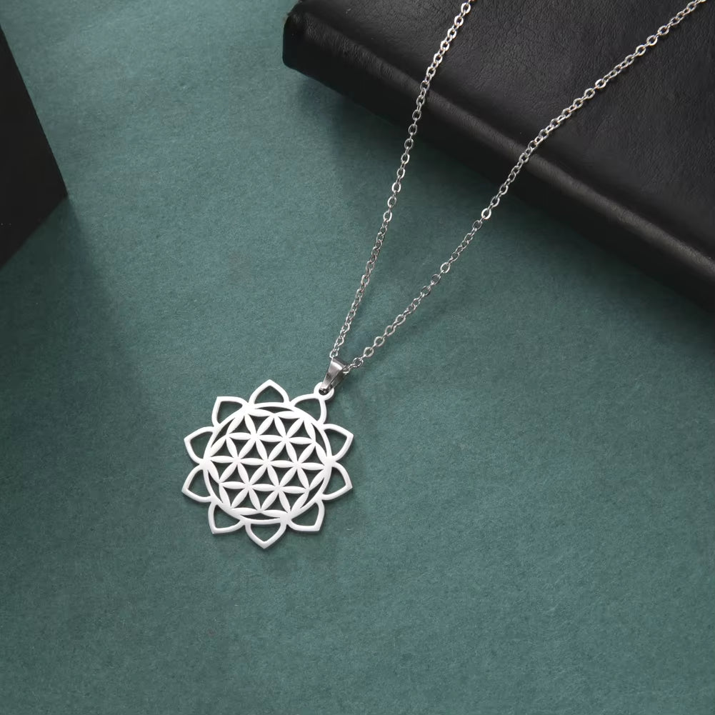 Chakra Flower of Life Necklaces for Women Amulet Stainless Steel Neck Chain Sacred Geometry Flower Mandala Jewelry Gift