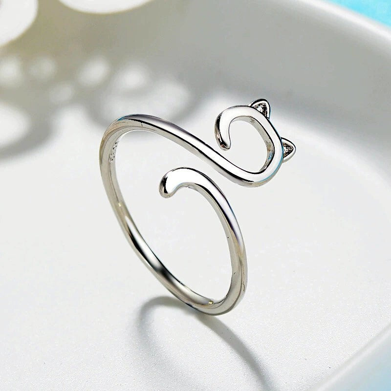 Hollow Cat Adjustable Ring 925 Sterling Silver Women Girl Jewellery Gift New UK