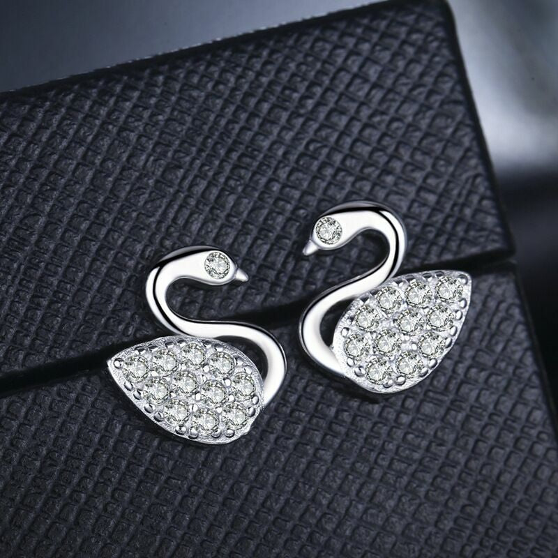 Crystal Swan Womens Girls 925 Sterling Silver Stud Earrings Jewellery Gift UK