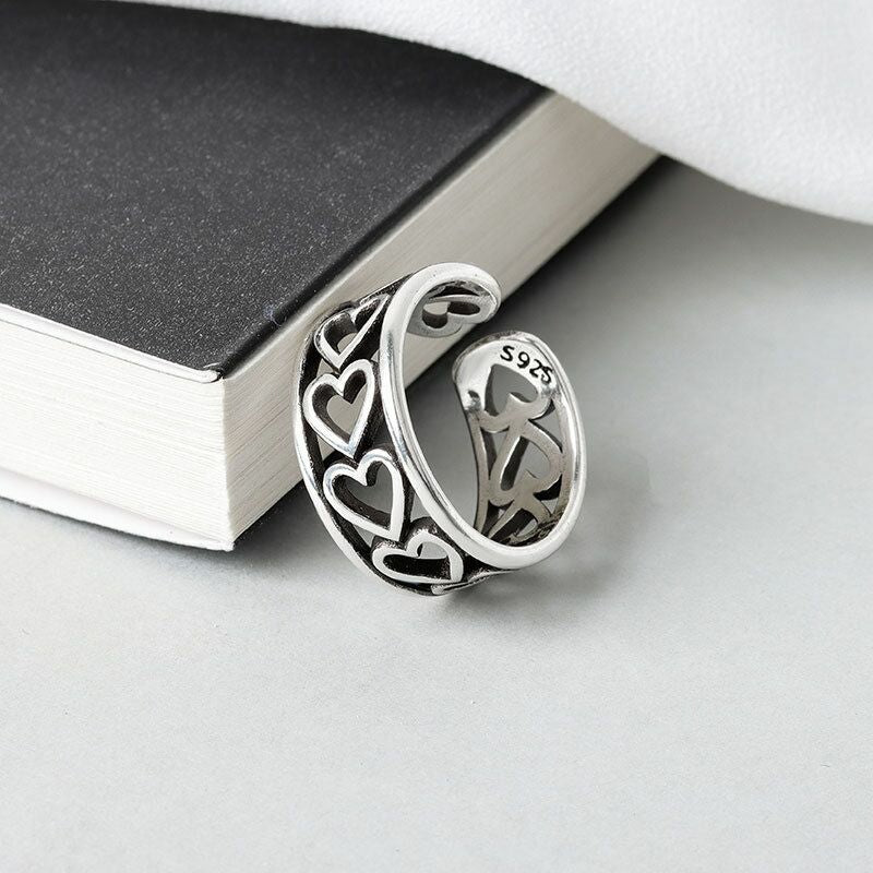 Vintage Love Heart Linked Adjustable Ring Silver Plated Women Girls Jewellery UK