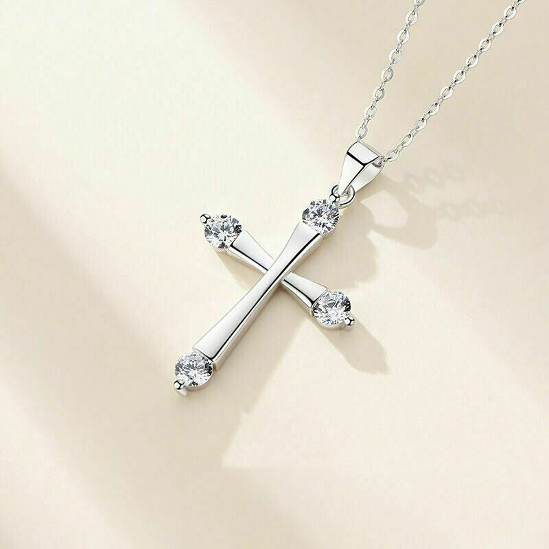 Crystal Cross Pendant Chain Necklace 925 Sterling Silver Jewellery Gift UK