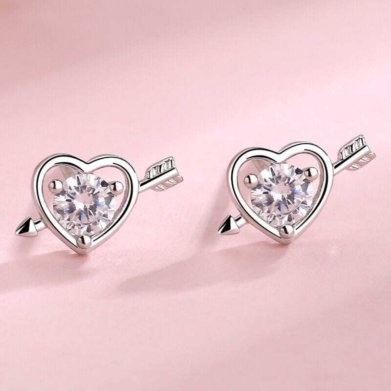 925 Sterling Silver Crystal Love Heart Stud Earrings Women Girls Jewellery Gift