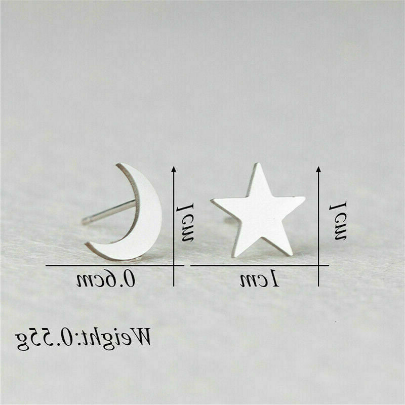 Hypoallergenic Stainless Surgical Steel Silver Star Moon Shape Ear Stud Earrings