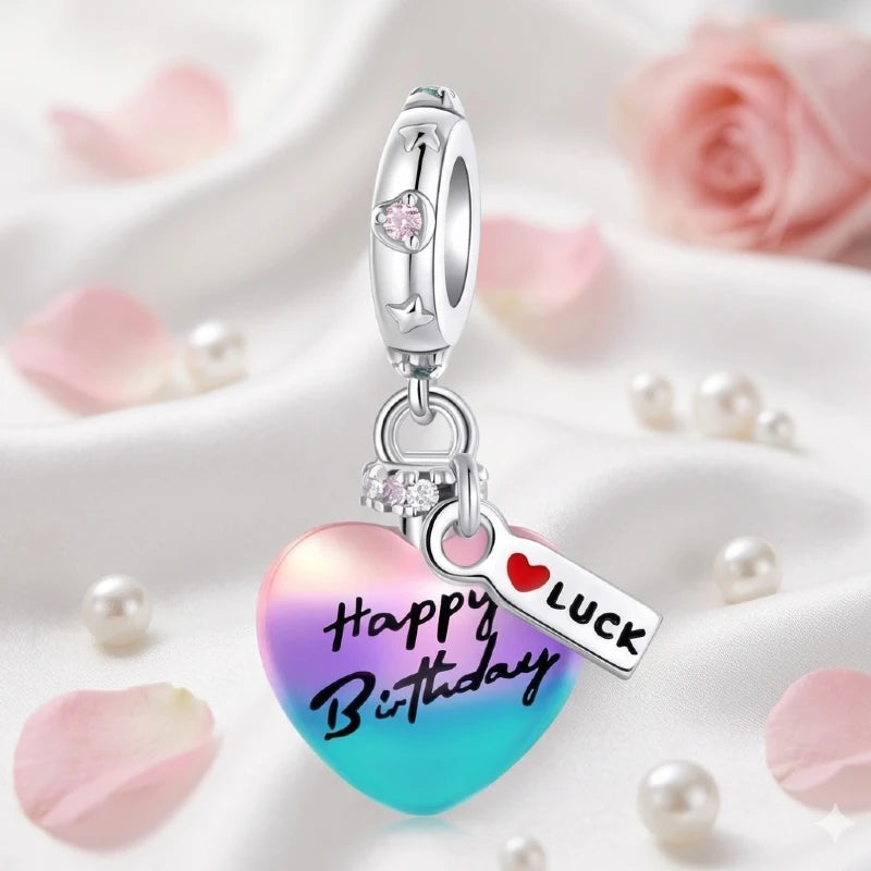 Happy Birthday With Love & Luck Gradient Heart Charm in 925 Sterling Silver - Loyalty & Love