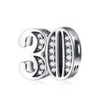 Silver charm with '30' and clear stones on a white background